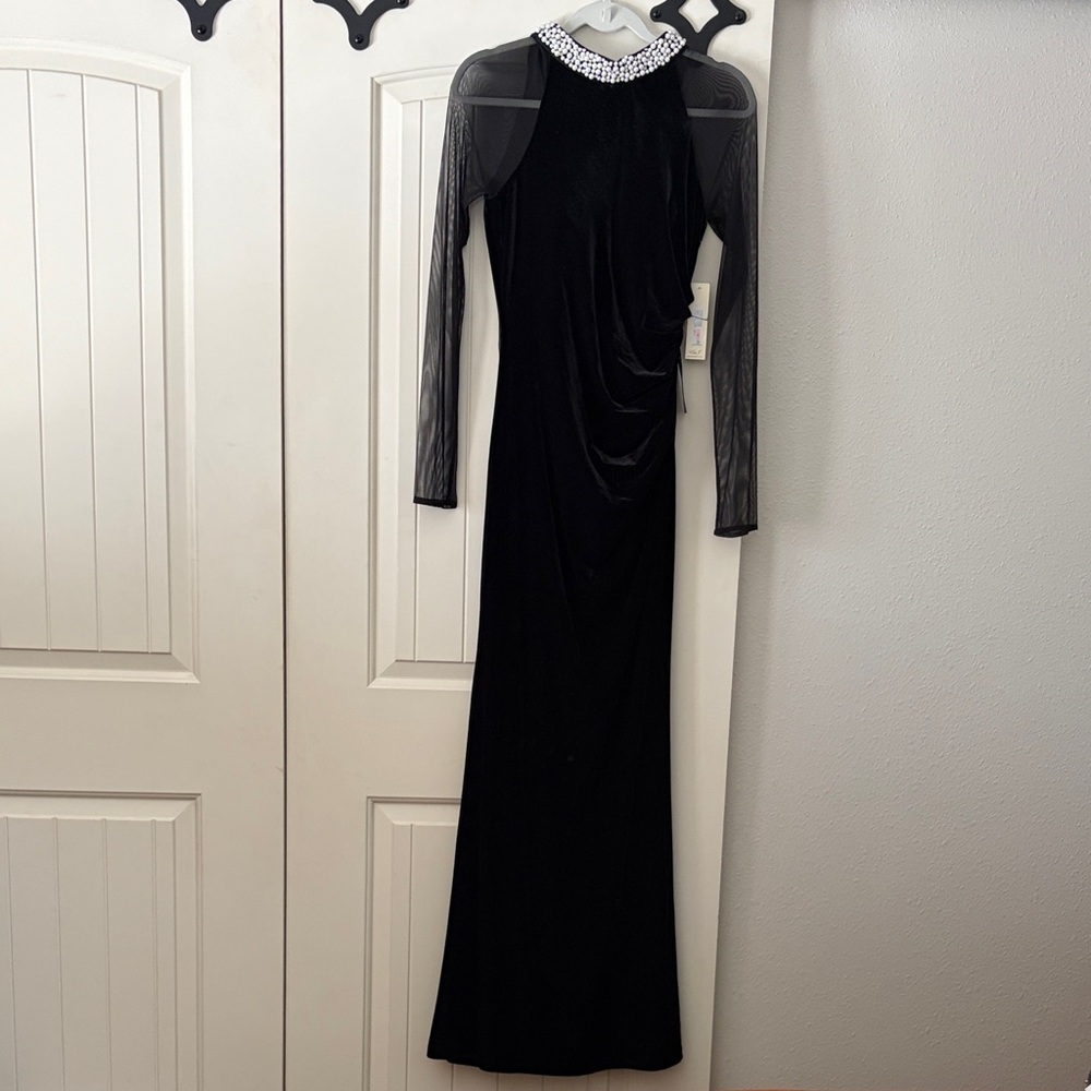 Eliza J Black Dress with Sheer Mesh Sleeves and Embellished Neckline Size 10 NWT